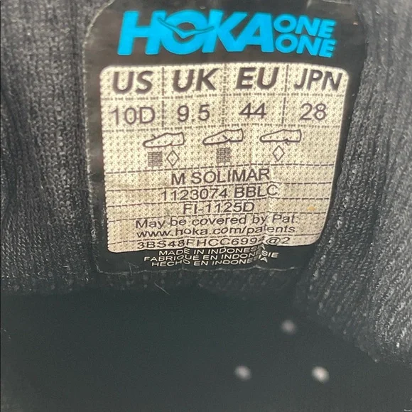 Hoka One One Solimar Men's Black Athletic Shoes Size 10D